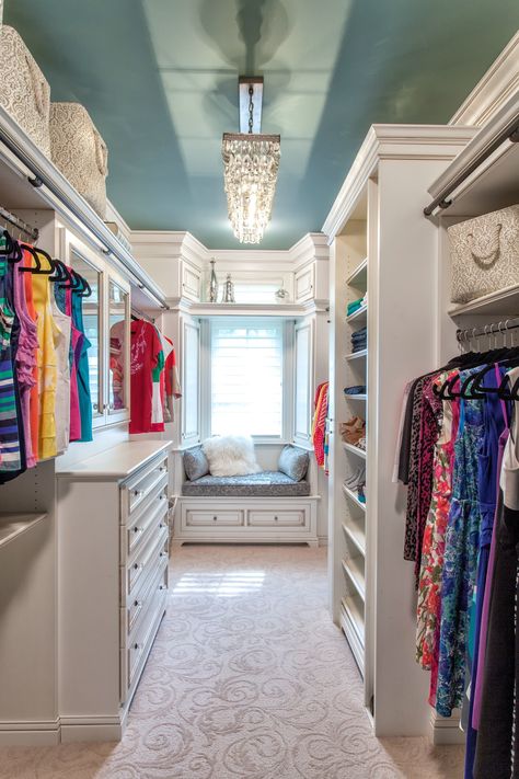 Sherwin-Williams Underseas, used by Lisa Whelan of MJ Whelan Construction on this closet ceiling, are beautiful and relaxing, particularly in a personal space like a closet. Small Dressing Rooms, Walk In Closet Ideas, Master Closet Design, Dressing Room Closet, Dream Closet Design, Walk In Closet Design, Walking Closet, Closet Design Layout, Closet Renovation