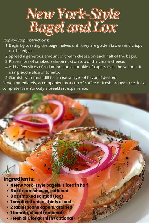 Ingredients: •	4 New York-style bagels, sliced in half •	8 oz cream cheese, softened •	8 oz smoked salmon (lox) •	1 small red onion, thinly sliced •	2 tablespoons capers, drained •	1 tomato, sliced (optional) •	Fresh dill, for garnish (optional) Bagel Lox Board, Smoked Salmon Bagel Recipe, Bagels And Lox Recipe, Salmon Lox Bagel, Lox Recipe, Lox Bagel, Salmon Lox, Smoked Salmon Bagel, Lox And Bagels