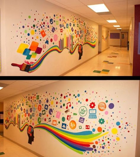 Wall Drawing Ideas, School Wall Decoration, Daycare Design, Art Classroom Decor, Kindergarten Design, School Wall Art, School Murals, School Painting, School Displays