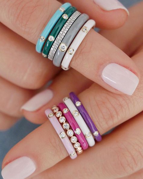 Enamel Rings, Stack Ring, Stacking Bands, Stacked Jewelry, Pink Enamel, Enamel Ring, Lovely Jewellery, Enamel Jewelry, Color Ring