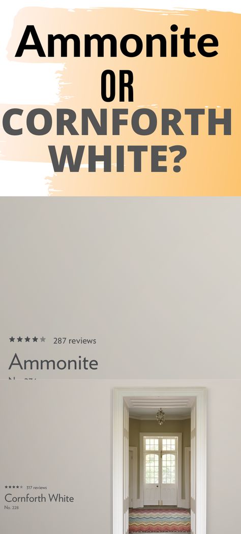 ammonite or cornforth white, shows a swatch of each Farrow & Ball shade next to each other. Ammonite Hallway Farrow Ball, Farrow And Ball Living Room Ammonite, Ammonite Kitchen Walls, Farrow And Ball Ammonite Bedroom, Ammonite Bedroom Farrow Ball, Carnforth White Farrow And Ball, Farrow And Ball Cream Colour Schemes, Ammonite Farrow And Ball Bedrooms, Farrow And Ball Ammonite Kitchen