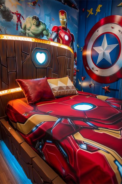 Iron Man Room Ideas, Science Playroom, Boys Marvel Bedroom, Avengers Bedroom Ideas, Avengers Bed, Marvel Boys Bedroom, Iron Man Room, Marvel Decor, Avengers Bedroom