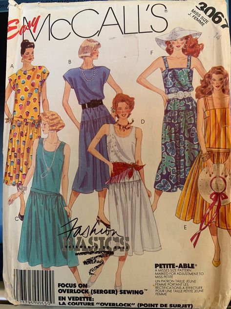 Vtg 80s Mccalls 3067 Pullover Dress Pattern Dropped Waist | Etsy Canada Loose Fit Dress Pattern, Drop Waist Dress Pattern, Sundress Pattern, Vintage Vogue Patterns, Tea Length Skirt, Drop Waist Dress, Fashion Designing, Vogue Pattern, Mccalls Sewing Patterns