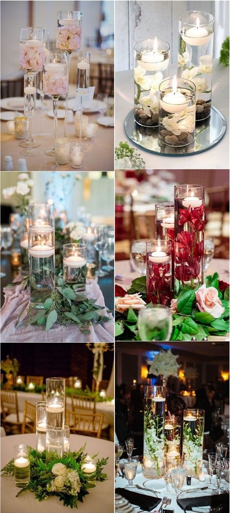 clear glass vases with floating candles displayed with ivory flowers + greenery Eucalyptus Wedding Centerpiece, Centerpiece Ideas Wedding, Floating Flower Candles, Floating Candle Centerpieces Wedding, Vow Examples, Diy Floating Candles, Wedding Centerpiece Ideas, Floating Candles Wedding, Wedding Candles Table