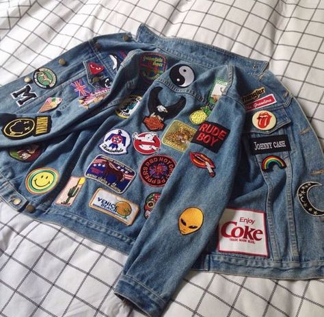 •✧ want to see more pins like this? then follow pinterest: @morgangretaaa  + follow my insta @morgangretaaa ✧• Iron On Patch Jacket Ideas, Pins On Jean Jacket, Jean Jackets Aesthetic, How To Put Patches On Jean Jacket, Funky Denim Jackets, Denim With Patches, Patches Jean Jacket, Jacket With Patches Aesthetic, Patch For Jacket