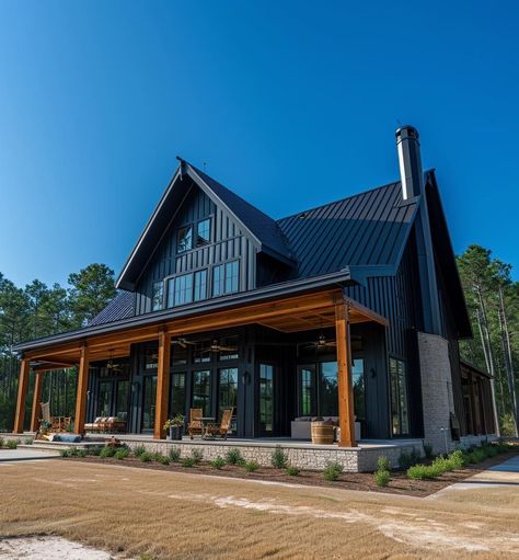 (20+) Facebook Black Barnodium Homes, All Black Farmhouse, Farmhouse Exterior Black, Black House With Wood Accents, Dark Grey Farmhouse, Industrial Farmhouse Exterior, Modern Black Farmhouse, Dream House Garage, Black Metal House