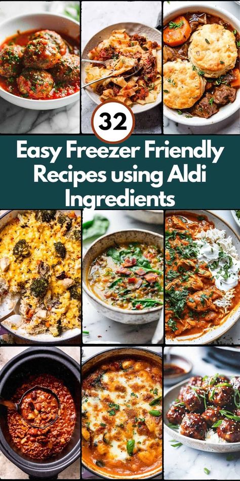 This Aldi meal plan features 32 cozy, freezer-friendly fall dinners! Easy dinner recipes that make healthy family dinners a breeze. Aldi Freezer Meal Plan, Aldi Fall Meals, Best Freezable Meals, Healthy Aldi Dinners, Aldi Freezer Meals, Freezer Dinners Make Ahead, Healthy Aldi Meals, Aldi Meal Prep, Easy Freezable Meals