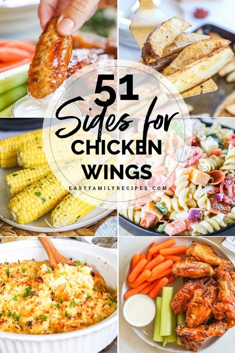 The ULTIMATE list of the best sides for chicken wings! This list covers sides for serving wings for dinner and what to serve with chicken wings as an appetizer. No matter whether you are having Buffalo wings, BBQ wings, teriyaki wings or even lemon pepper wings, we have the perfect side dish to go with it! We go from classics like celery sticks and carrots to hearty side dishes like potato casserole, and healthy side dish options too! This list is full of easy sides for wings! Chicken Wings Serving Ideas, Food To Go With Wings, Wings Sides Dishes, Hot Wing Side Dishes, Chicken Wing Bar Wedding, Chicken Dinner Side Dishes, Sides For Buffalo Wings, Sides For Wings Dinners, Wings Sides Ideas