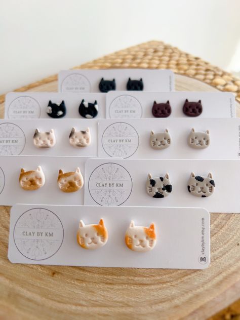 Cat Stud Earrings Cat Stud Handmade Polymer Clay Cat - Etsy UK Cat Clay Earrings, Cat Polymer Clay, Polymer Clay Cat, Clay Cat, Cat Stud Earrings, Clay Accessories, Clay Inspo, Cat Earrings Studs, Clay Stuff