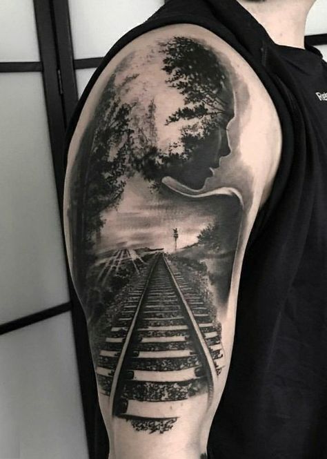 Road Less Traveled Tattoo, Train Tattoo, Storm Tattoo, Brother Tattoos, Narrow Road, Lion Tattoos, Travel Tattoos, Realistic Tattoo Sleeve, Forest Wood