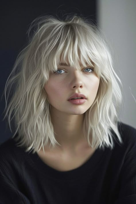 Blonde Lob With Bangs Fine Hair, Short Blonde Hair With Bangs Round Face, Short Blonde Bangs, Silver Hair With Bangs, Shaggy Lob With Bangs Round Faces, Textured Lob With Bangs, Mullet Mohawk, Shaggy Lob With Bangs, Lob Haircut With Bangs