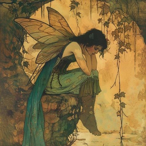 70s Fairy Aesthetic, Mystical Fairy Art, Old Fairy Art, D&d Fairy Character, Fairy Black Hair, Modern Fairy Aesthetic, Vintage Fairy Aesthetic, Vintage Fairy Art, Irish Fairies