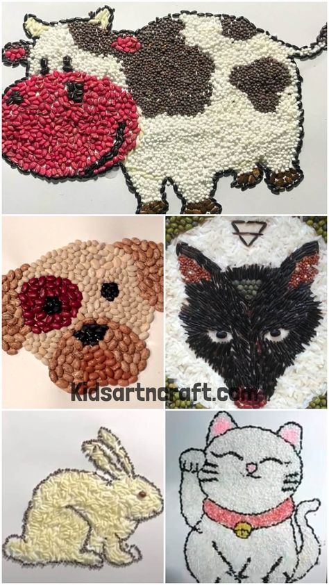 Animal Arts With Seeds & Pulse Check more at https://www.kidsartncraft.com/animal-arts-with-seeds-pulse/ Seed Mosaic, Wolf Craft, Cow Craft, Vegetable Decoration, Office Diy, Seed Art, Rabbit Crafts, Mosaic Animals, Super Cute Cats