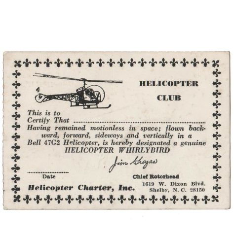 70s Helicopter Charter Card Shelby NC Dave Merrifield Trapeze Whirlybird Club #HelicopterCharterInc Club Membership Card Design, Vintage Membership Card, Aviation Graphic Design, Tincture Labels, Aviation Branding, Vintage Plane Poster, Infographic Inspiration, Unique Font, Vintage Business Cards