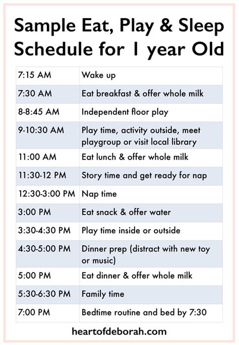 Every child is different, but it's nice to see a sample eat, play and sleep schedule to get an idea! Here is a sample baby schedule for one year old toddler. Baby Food Schedule, Baby Routine, Toddler Schedule, Baby Schedule, Baby Sleep Schedule, Sleep Training Baby, Kids Schedule, Sleep Schedule, Sleep Training