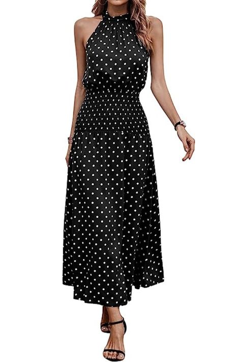 Women's Black & White Summer Boho Halter Neck Maxi Dress. Smocked,Sleeveless, Flared Skirt, Flowy Long Beach Dress. Beach Dresses For Wedding Guest, Women Maxi Dresses Summer, Flowy Dress Long, Tie Waist Maxi Dress, Tropical Maxi Dress, Dresses For Wedding Guest, Boutique Maxi Dresses, Halter Neck Maxi Dress, Sweater Maxi Dress