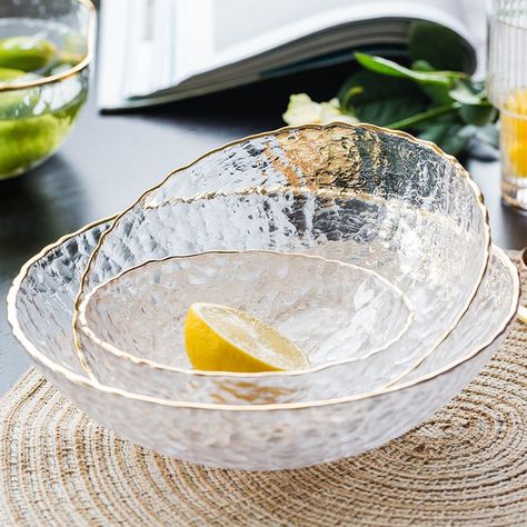 GOLD RIM GLASS BOWLS SET

Includes : 1 Small Bowl , 1 Medium Bowl , 1 Large Bowl 
Total Pieces : 3
Material : Glass Modern Kitchenware, Plate Dessert, Golden Border, Glass Fruit, Outdoor Eating, Plated Desserts, Cool Kitchen Gadgets, Bowl Designs, Beautiful Bowls