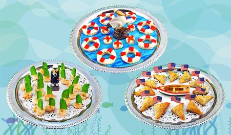 Nautical & Sailing Hors d'oeuvres on Silver Trays Sandwich Wedding Reception, Sandwich Wedding, Nautical Party Food, Bachelorette Food, Nautical Food, Hors Doeuvres, Snow Pea, Pinwheel Appetizers, Marinated Shrimp