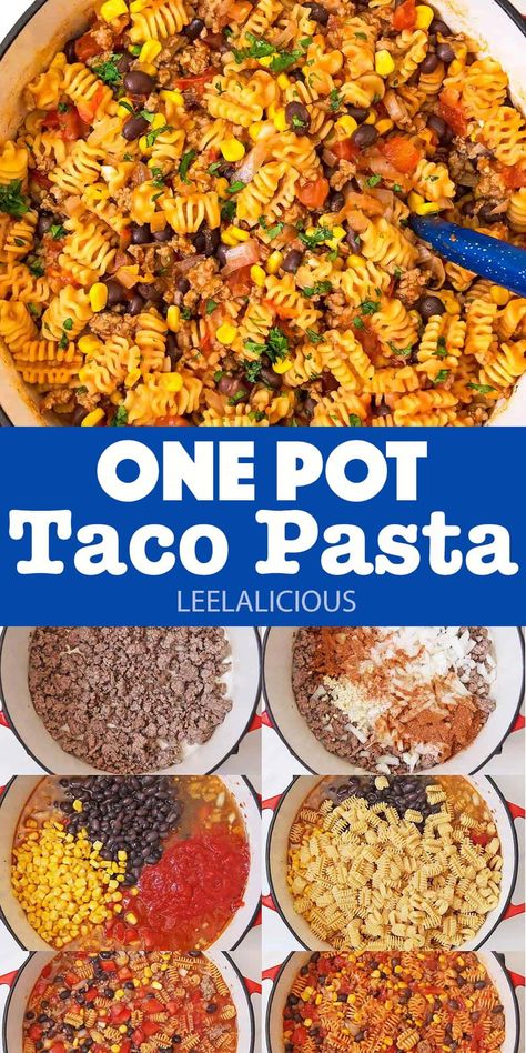 If you like tacos, you’re going to love this Mexican-inspired dinner idea. The amalgamation of ground beef, taco seasoning, tomatoes, black beans, and corn make this one pot taco pasta very special. Taco Seasoning Dinner Ideas, Easy Taco Meals For Dinner, One Pot Taco Mac, Mexican Inspired Food Recipes, One Pot Mexican Pasta, Taco Pasta No Cheese, Spicy Taco Pasta, The Best Taco Pasta, Meatless Taco Pasta