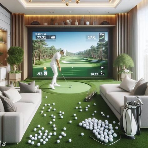 Golf Simulator Room Ideas- Size, Budgets And Factors To Consider Home Golf Simulator Room Design, Golf Lounge Interior, Home Golf Simulator Room, Golf Simulator Basement, Sports Simulator, Golf Simulator Room Design, Room Ideas Men, Home Golf Simulator, Backyard Golf