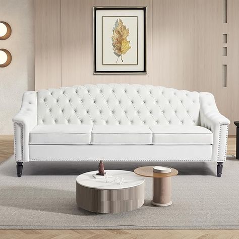 Amazon.com: LEVNARY Mid-Century Modern Velvet Sofa, 80" Large Upholstered Sofa with High Back, Chesterfield Couch Sleeper Settee with Solid Wood Legs, Tufted 3 Seater Wide Couches for Living Room Office (White) : Home & Kitchen Mid Century Modern Leather Couch, Chesterfield Couch, Silver Sofa, Chesterfield Style Sofa, Modern Velvet Sofa, Velvet Chesterfield Sofa, Couches For Living Room, White Couches, Tufted Sofa