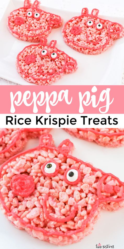 Peppa Pig Rice Krispie Treats - We used a Peppa Pig Cookie Cutter to make these adorable and yummy Rice Krispie Treats for a Peppa Pig Birthday Party. It is a colorful and festive party dessert that everyone will love. Pin this cute Peppa Pig dessert for later and follow us for more fun Peppa Pig Party Ideas. Peppa Pig Birthday Party Food, Bolo Da Peppa Pig, Peppa Pig Cupcakes, Yummy Rice, Pig Cookie, Peppa Party, Pig Cupcakes, Pepper Pig, Pig Cookies