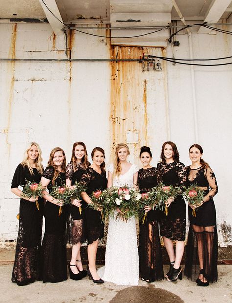 black lace bridesmaids Bohemian Bridesmaid Dresses, Black Bridesmaid Dress Mismatched, Bohemian Bridesmaid Dress, Bohemian Bridesmaid, Fall Bridesmaids, Black Bridesmaid, Loft Wedding, Black Bridesmaids, Warehouse Wedding