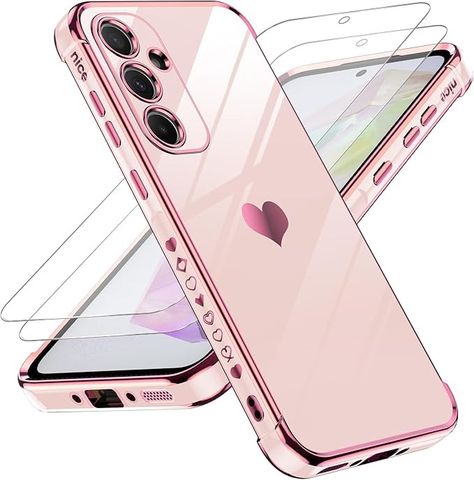 Amazon.com: LeYi for Samsung Galaxy A35 5G Case: with Tempered Glass Screen Protector [2 Pcs]+ Full Camera Lens Protection, Love Heart Plating Girly Women Luxury Soft TPU Shockproof Case for Samsung A35 5G, Pink : Cell Phones & Accessories Samsung Pink Phone, Samsung Pink, Girly Women, Tempered Glass Screen Protector, Case For Samsung, Glass Screen, Camera Lens, Screen Protector, Tempered Glass