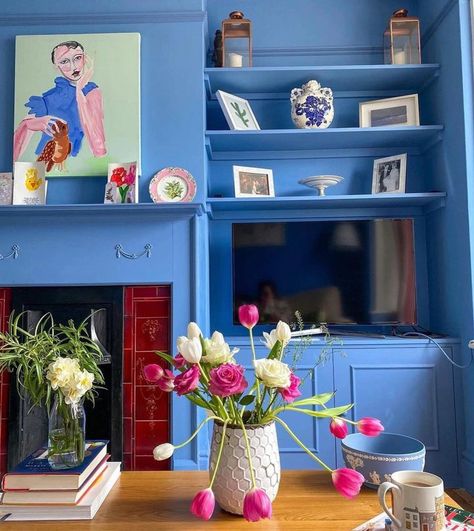 Blue painted storage, eclectic Cooks Blue Farrow And Ball, French Blue Paint, Farrow And Ball, Fantasy Homes, Florida House, Blue Living Room, Living Room Storage, Paint Colors For Home, Florida Home