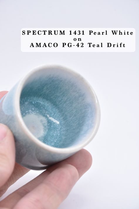 Spectrum 1431 Pearl White on Amaco new series PG-42 Teal Drift Fire to Cone 6 Spectrum Pearl White, Spectrum Glazes, Glaze Combos, Glaze Ideas, Pottery Glaze, Ceramic Glaze Recipes, Organic Ceramics, Wheel Throwing, Ceramic Glaze