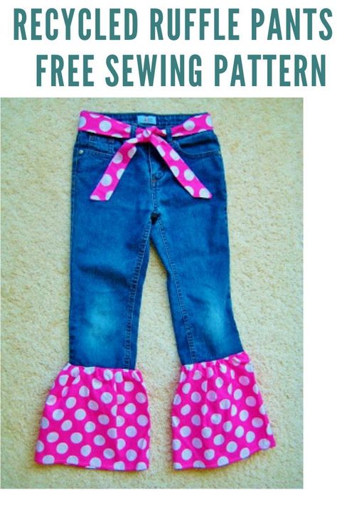 Give your little one's old jeans a facel lift. Add a touch of color to it and upgrade it to a stylish pants in no time. All you need is an old pair of jeans and a few fabric scraps and you are are ready to go. #sewingpattern #girlspattern #girlspantspatternfree #freepatternsewing #kidspattern #easypattern #beginnerpattern #recycledjeansprojects #recycledjeanspants Adding Material To Bottom Of Jeans, Adding Bell Bottoms To Jeans, Jeans With Ruffles, How To Make Bell Bottoms, How To Turn Jeans Into Bell Bottoms, How To Make Flare Jeans Diy, How To Make Bell Bottom Jeans Diy, How To Make Bell Bottom Jeans, Bell Bottom Pattern