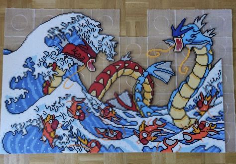 Perler Creations Sculptures & Statues, Fuse Beads Templates, Pokemon Melty Beads, Large Perler Bead Patterns, Big Pixel Art, Pokemon Perler Bead Patterns, Pokemon Gyarados, Hama Beads Pokemon, Pokémon Perler