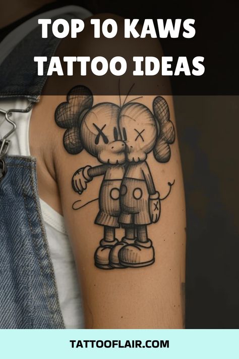 KAWS tattoos are a unique blend of pop culture and street art. Known for his iconic characters and vibrant designs, KAWS has inspired many tattoo enthusiasts. Whether you prefer minimalist designs or detailed artwork, there’s a KAWS tattoo idea perfect for you. Here are 10 diverse styles and placements to consider for your next KAWS tattoo. KAWS Minimalist Forearm Tattoo This minimalist KAWS tattoo is placed on the forearm. It features a simple, black outline of the character, focusing on the ic Small Kaws Tattoo, Kaws Tattoo Ideas Leg, Kaws Doll Tattoo, Kaws Sleeve Tattoo Ideas, Kaws Arm Tattoo, Kaws Henna Tattoo Designs, Kaws Tattoo Design, Kaws Tattoo, Pop Culture Tattoos