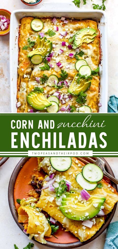 Corn and Zucchini Enchiladas with black beans, green chiles, spices, salsa verde, and cheese are the best Cinco de Mayo dinner for the family! You are going to love these hearty vegetarian enchiladas… Enchiladas With Black Beans, Zucchini Dinner, Corn And Zucchini, Zucchini Enchiladas, Enchilada Ingredients, Vegetarian Enchiladas, Meatless Recipes, Green Chiles, Summer Dishes