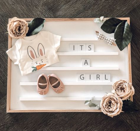 Girl Gender Announcement, Blessed With Baby Girl, Baby Gender Announcement, It Is A Girl, Pregnancy Aesthetic, First Baby Announcements, Modern Card Design, Baby Gender Announcements, Newborn Congratulations