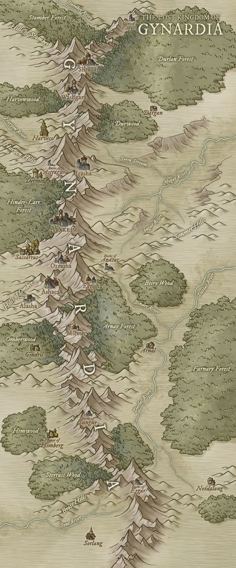 For centuries the dwarves lived in the mountains of Wordal and worshipped the mountain spirits. They made their homes on the mountain peaks and foothills and even settled in large cave systems. Now their kingdoms are little more than buried ruins. Fantasy Maps Mountains, Mountain Map Illustration, Fantasy Mountain Kingdom, Mountain Map Dnd, Mountain Kingdom Fantasy Art, Fantasy Map Mountains, Fantasy Kingdom Map, Mythical Mountains, Dnd Mountain