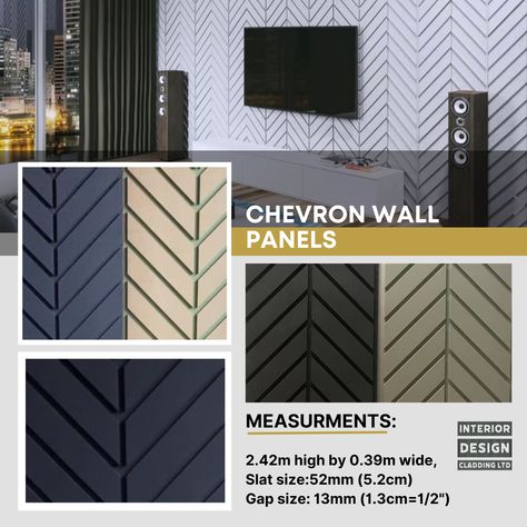 Beautiful contemporary chevron design wall panels . Available in charcoal (to oil it and leave as they come ) or MDF as a paintable version Slat Wall Decor, Modern Slat Wall, Chevron Wall Decor, Interior Cladding, Chevron Wall, Wall Panelling, Chimney Breast, Grey Panels, Home Design Living Room