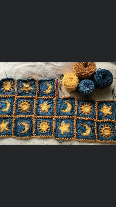 Sun And Moon Granny Square Blanket, Starry Night Granny Square, Celestial Granny Square Blanket, Galaxy Granny Square, Sun Moon Crochet Blanket, Space Themed Granny Square, Night Sky Crochet Blanket, Moon Blanket Crochet, Witchy Crochet Granny Square