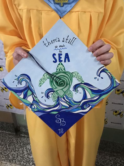 Ocean themed graduation cap I designed and painted! Biology Graduation Cap, Marine Graduation, College Grad Cap Ideas, Graduation Cap Decoration Diy, High School Graduation Cap, College Graduation Cap Decoration, Grad Hat, Grad Cap Designs, Diy Graduation Cap