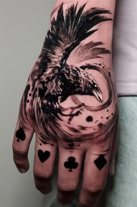 Thumb Tattoo Ideas For Men, Mans Hand Tattoo Ideas, Hand Tattoos For Guys Skull, Crow Hand Tattoo Men, Dragon On Hand Tattoo, Hand Tattoos For Men Ideas Design, Wolf Hand Tattoo Men, Men S Hand Tattoo, Mens Tattoo Designs Drawing