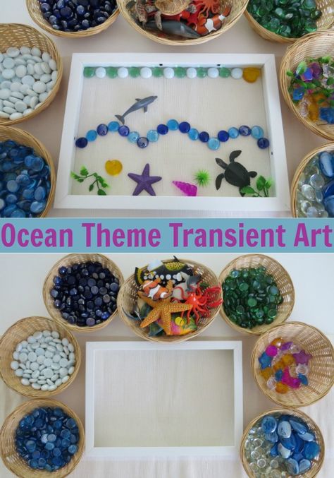 Ocean Theme Transient Art - provide children with an empty frame to create freely with ocean theme loose parts. Ocean Theme Preschool, Empty Frame, Ocean Activities, Under The Sea Theme, Invitation To Play, Ocean Crafts, Rainbow Fish, Art Activity, Loose Parts