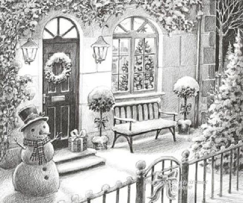 Christmas Drawing Sketch, Christmas Landscape Drawing, Christmas Pencil Drawings, Christmas Scenery Drawing, Sketches Christmas, Christmas Scene Drawing, Christmas Sketches, Christmas Sketch, Christmas Drawings