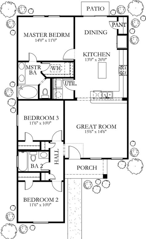 Mediterranean Style House Plan - 3 Beds 2 Baths 1200 Sq/Ft Plan #80-132 Floor Plan - Main Floor Plan - Houseplans.com Spanish Style House Plans, 1200sq Ft House Plans, 800 Sq Ft House, 1200 Sq Ft House, Square House Plans, Little House Plans, Free House Plans, House Plans 3 Bedroom, House Plans One Story