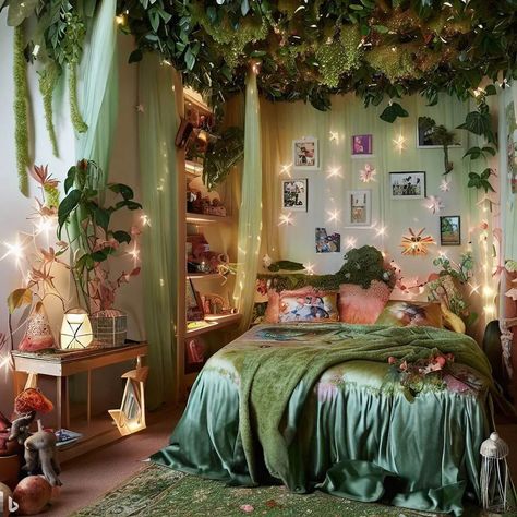 Leafy Room Decor, Room Decor Ideas Forest, Canopy Bed Forest, Moss On Wall Decor, Twinkle Fairy Lights, Fairy Like Room Decor, Fairy Bed Canopy, Fairy Ceiling Lights, Moss Bedroom Wall