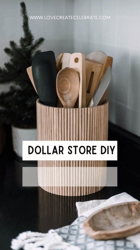 Fluted DIY Utensil Holder [from dollar store supplies!] | Dollar store inspired decor, Dollar store diy organization, Diy dollar store crafts Simple Home Diy Projects, Diy Cheap Home Decor, Utensil Holder Diy, Neatly Living, Utensils Holder Diy, Diy Utensil Holder, Cheap Diy Ideas, Diy Utensils, Diy Project Ideas