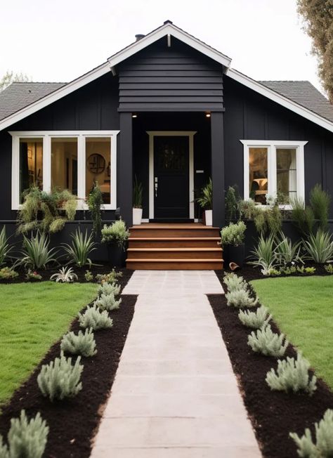 White And Dark Exterior House, Black And White Two Tone House Exterior, Black And White Painted House, Black House White Shutters, Small Black And White House Exterior, Black Siding White Trim, Black Siding With White Trim, Black House White Trim Exterior, White House Exterior Black Trim