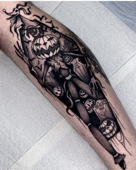 Spider Web Tattoo Elbow, Jack Skellington Tattoo, Halloween Tattoos Sleeve, Tim Burton Tattoo, Jack Tattoo, Chest Tattoo Ideas, Pumpkin Tattoo, Nightmare Before Christmas Tattoo, Autumn Tattoo