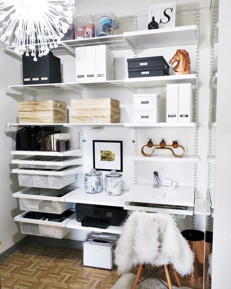 Container Store Office Ideas, Elfa Desk, Elfa Office, In Closet Office, Office In A Closet, Elfa System, Closet Office Space, Guest Room Closet, Closet Door Storage