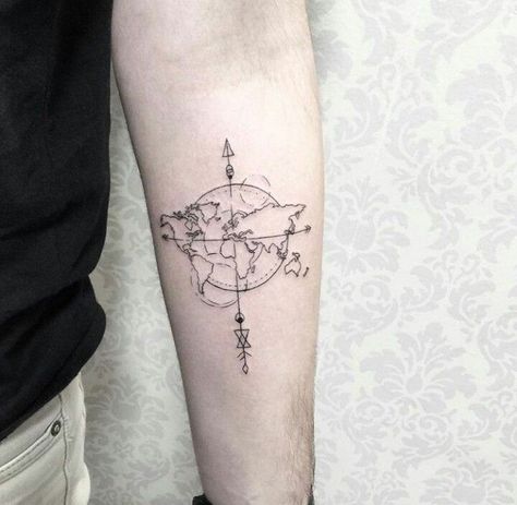 A clean and sharp tattoo of the Earth and the continents. Juxtaposing a line drawing of a flat map over an axis. Steampunk, science, space, Earth, continents. Artist unknown December Drawings, World Map Tattoos, Map Tattoos, Geniale Tattoos, Initial Tattoo, World Tattoo, Rib Tattoo, Little Tattoos, Trendy Tattoos