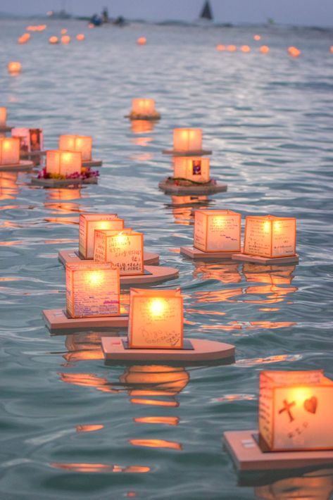 Memorial Day Lantern Floating In Hawaii Floating Lanterns Aesthetic, Lanterns Aesthetic, Floating Paper Lanterns, Lantern Aesthetic, Haleiwa Hawaii, Water Lantern, Turtle Bay Resort, Lantern Designs, Floating Lanterns